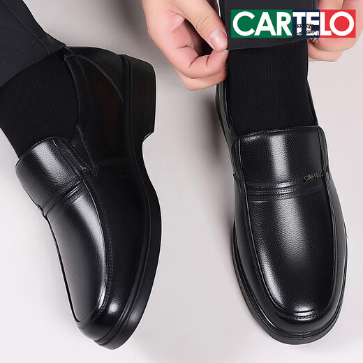 CARTELO Men's Winter Velvet Leather Shoes Men's Genuine Leather Business Casual Soft Sole Middle-aged Dad Shoes Middle-aged Warm Cotton Shoes Black Velvet Style 42