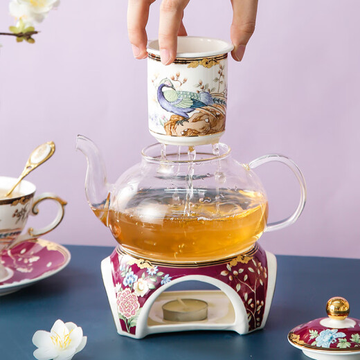 Ingrid (INGRI) Chinese style afternoon tea tea set high-end Chinese style boiled fruit flower teapot candle heating household bone china tea cup 4 cups 1 teapot 1 tea seat 1 tray [Nalan]