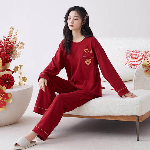 猫人蛇年睡衣女士春秋季纯棉长袖100%全棉家居服冬红色本命年V领套装 9227 XL ( 建议体重110-140斤）