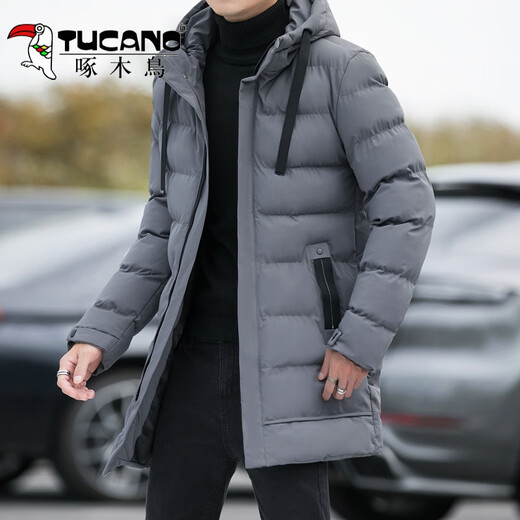 啄木鸟冬季中长款2024新款防风羽绒棉连帽外套男青年保暖时尚修身棉衣男 686 黑色 2XL （约 135-150斤）