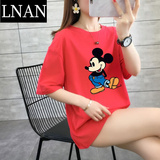 Lnan Women's Short Sleeve T-Shirt für Frauen Sommer 2022 Neues koreanisches Mickey-Druck Loose Student's Half Sleeve Top INS Trendy Red [T-Shirt] 3524 S [vorgeschlagen 80-100jin [Jin ist 0,5 kg]]