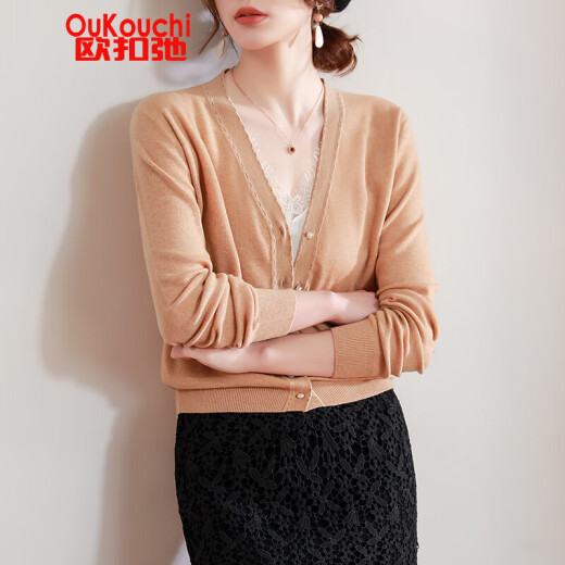 European buckle spring and autumn new style knitwear women's cardigan coat thin V-neck long-sleeved loose and slim spring and autumn tops middle-aged wool cardigan outer short coat fashionable temperament Van milk coffee color S