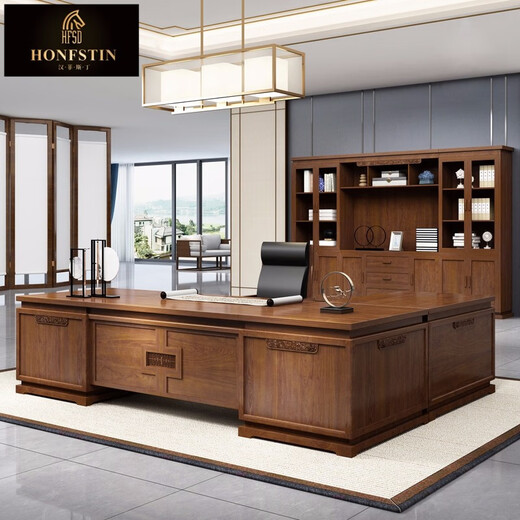Hanfestin solid wood office desk boss table new Chinese style chairman furniture customized atmospheric president desk and chair combination 2.8 meters boss table