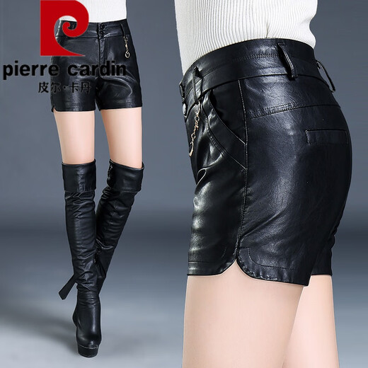Pierre Cardin leather shorts for women spring new 2024 bottoming PU leather pants high waist slim fit loose slim autumn and winter outer boots black 31/2XL