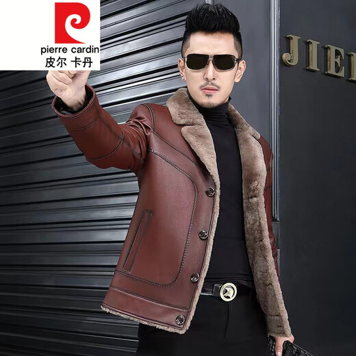 Pierre Cardin winter new Haining fur all-in-one leather jacket men's short jacket suit collar young and middle-aged jacket black M 165/M size 115Jin Jin equals 0.5 kg