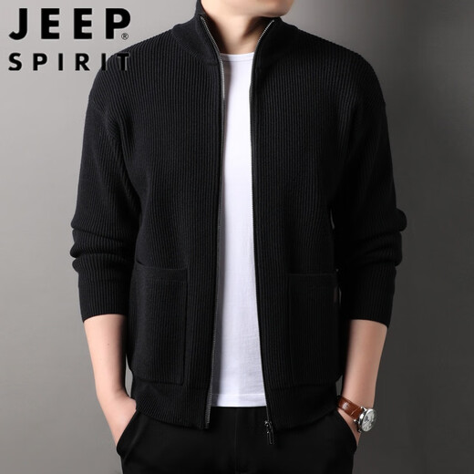 吉普（JEEP）春秋季针织衫外套男韩版潮流男装含羊毛休闲半高立领拉链开衫毛衣 素烟灰色 165/S 【适合105-120斤】
