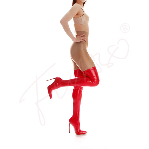 Ftshist sexy plus size cross-dressing mirror high gloss patent leather latex ammonia 12cm super high stiletto heel pointed toe over-the-knee socks boots red 43