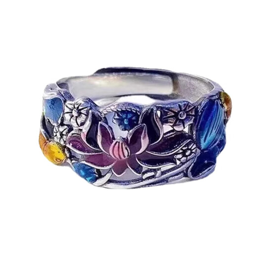 QMXD ring for women burned blue enamel to attract wealth and transfer koi lotus retro style national trend Han costume accessories niche trend opening ring + exquisite gift box