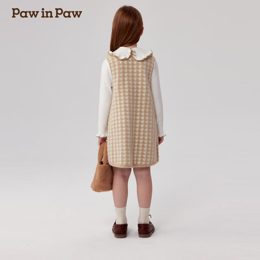 PawinPaw cartoon bear children's clothing autumn and winter girls' houndstooth woolen dress sweet Beige beige/35 120 cm