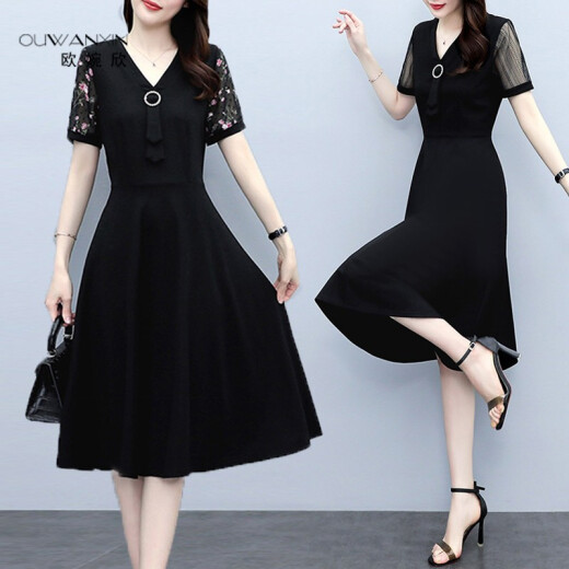 Ou Wanxin Dress Summer 2021 Spring and Summer New Korean Style Loose Temperament Large Size Women's Floral Bottoming Skirt Covers Flesh Age Reduction Lace Short Sleeve Printed Splicing Mid-length Skirt Black A Style 231N2B20XL (Recommended 120-133Jin [Jin is equal to 0.5 kg])