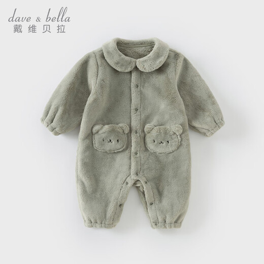 DAVE&BELLA baby girl milk velvet jumpsuit newborn romper children's pajamas winter new baby boy's bag pea green ready stock 90cm (recommended height 80-90cm)