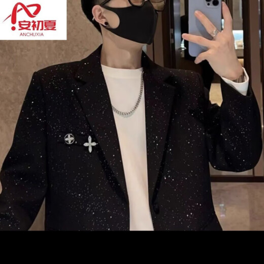 安初夏2025春秋季西装时尚潮男闪闪痞帅满天星西装外套休闲百搭男装潮流 黑色 L . 130-145斤
