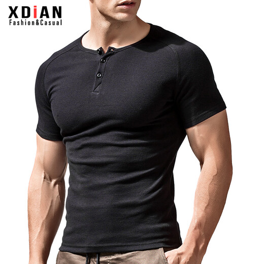 Continue short-sleeved t-shirt men's tight henley collar pure cotton open collar black t-shirt men's slim sports tops bottoming shirt black M