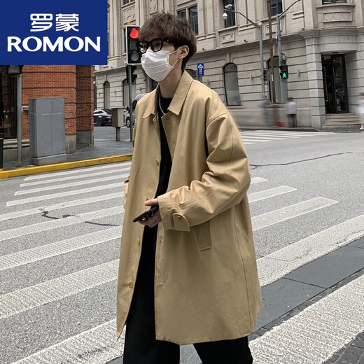 ROMON mid-length windbreaker men's coat spring and autumn British style coat handsome oversize windbreaker high street windbreaker brown L