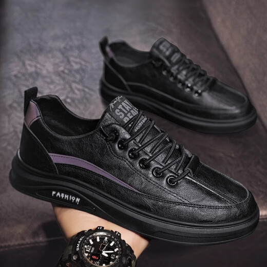 Qiao丂Spring and summer men's shoes 2024 new sports and leisure leather shoes men's sneakers black labor non-slip waterproof and oil-proof chef men's casual labor protection leather shoes [black size 43]