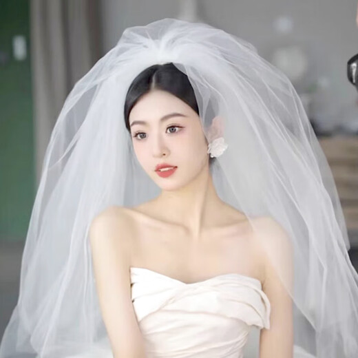 栢启歆头纱韩式新娘结婚头饰超仙森系写真婚纱旅拍双层拍照领证求婚表白 白色素纱云蓬【发梳款约80cm】 1