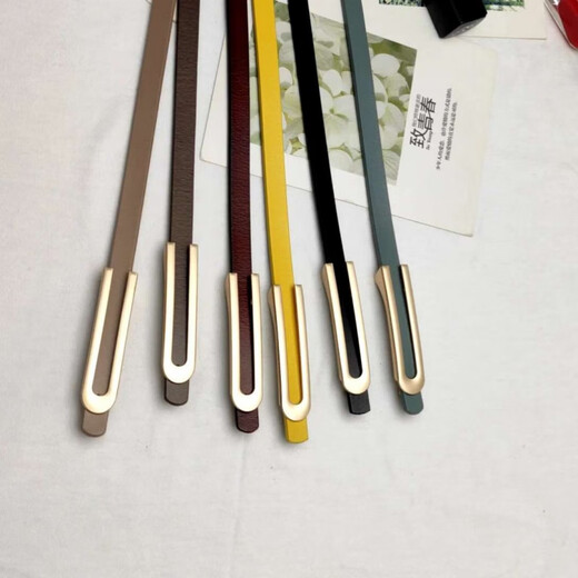 Melece【牛皮】新款细真皮女腰带简约百搭优雅牛皮皮带配连衣裙裙子女款 11155-杏色 105cm