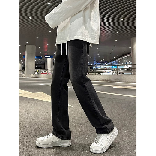 7 High-End-Produkte, Mikroschärfen-Scimitar-Jeans für Männer, Frühlings- und Sommer American High Street Draw String Lose gerade schlanke lange Hosen für Männer, DFFS-719 Black (Buckle) S