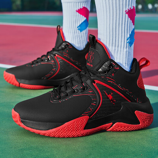 Jordan Green Basketball Shoes Men's Waterproof Leather Sports Shoes Lightweight Indoor and Outdoor Shock Absorbing Wear-Resistant Anti-Slip Combat Boots Autumn and Winter Black and Red-Leather Style 42