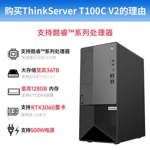 联想（Lenovo）ThinkServer T100C T100C V2工作站塔式服务器主机设计制图ERP财务办公电脑 T100C V2  I5-12400六核2.5G 16G内存丨256G固态+1T企业硬盘