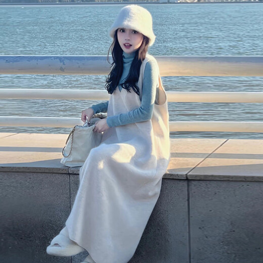 Mommy Ranqi Maternity Spring Dress Two-piece Set 2025 New Fashion Lazy Style Suit Knitted Vest Skirt Spring and Autumn Style Inner Top + Vest Dress (Set) L