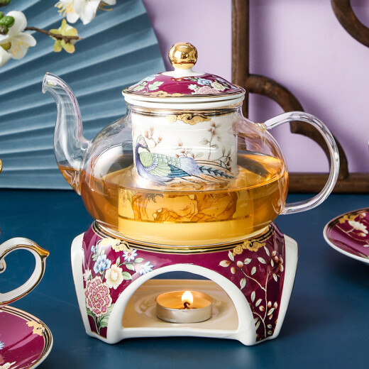 Ingrid (INGRI) Chinese style afternoon tea tea set high-end Chinese style boiled fruit flower teapot candle heating household bone china tea cup 4 cups 1 teapot 1 tea seat 1 tray [Nalan]