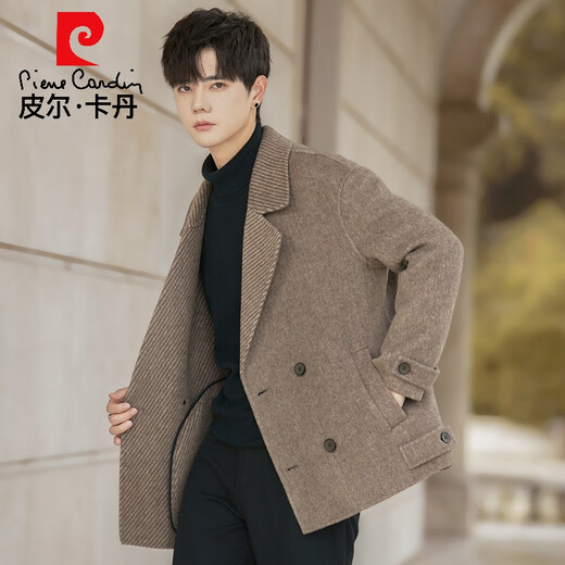 Pierre Cardin high-end double-sided woolen woolen coat men's short Korean style Nizi windbreaker winter thickened casual suit jacket for men mixed coffee color worry-free shopping XL 180
