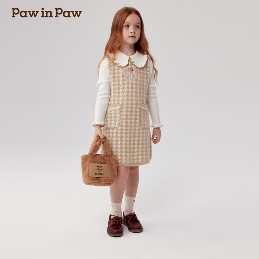 PawinPaw cartoon bear children's clothing autumn and winter girls' houndstooth woolen dress sweet Beige beige/35 120 cm