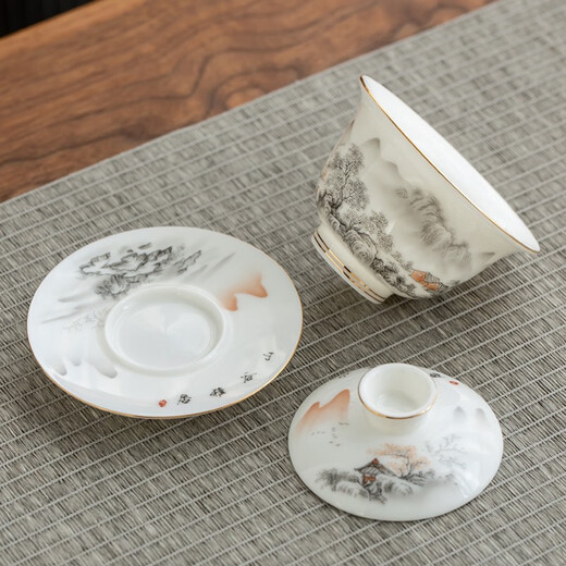 Gold inlaid jade Kung Fu tea set Chinese white mutton fat jade porcelain household ceramics white porcelain tea making set gift gift box ink Jiangshan side handle jade plate mutton fat jade porcelain set