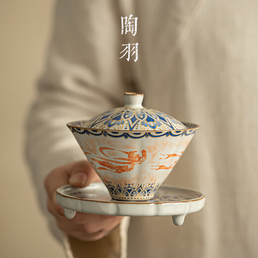 Tao Yu imitation Song Dynasty Ru Kiln Dunhuang Feitian bamboo hat Sancai bowl anti-scalding household Kung Fu tea set large capacity ceramic tea bowl Imitation Song Dynasty Ru Kiln Dunhuang Feitian bamboo hat bowl