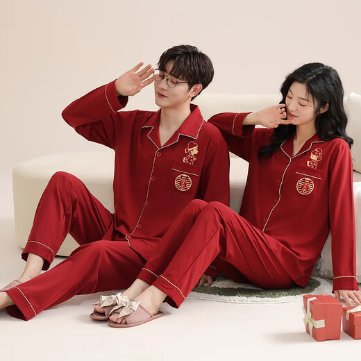 LangSha wedding couple pajamas for women spring and autumn pure cotton long-sleeved wedding red zodiac year men's home wear gift box set 5076 couple gift box set female M + male XL