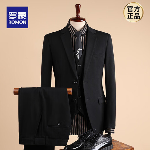 ROMON brand high-end suit suit for men, three-piece suit, business casual suit, professional suit, groomsmen suit, groom's suit, wedding suit, new product, 1-button bag_black_4-piece suit, suit + shirt, vest + pants 46