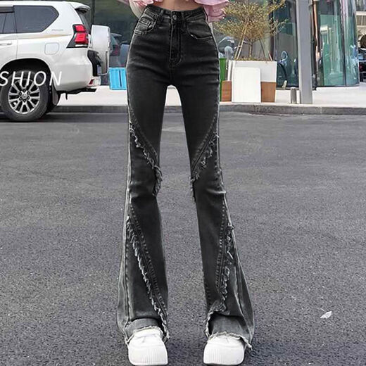 Mu Yilin Jeans para mujeres en primavera y otoño nuevo gris negro negros ligeramente acampanados de cintura delgada diseño delgado de nicho de lana delgada pantalones acampanados 677 gris negro 26