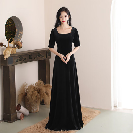 Velvet black long evening dress slim dress art entrance ceremony musical instrument performance conductor presides over annual meeting black S