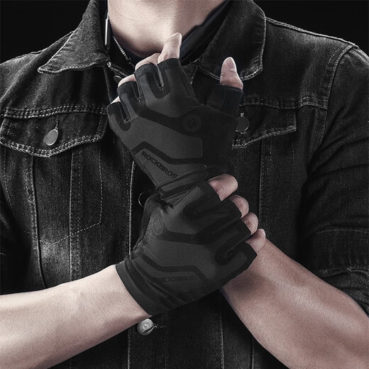 ROCKBROS Cycling Short Finger Gloves Half Finger Fitness Gloves Men's and Women's Cycling Outdoor Breathable Sports Spring and Summer Black (SBR + Velvet Palm Pads) XL