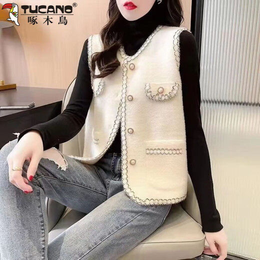 Woodpecker (TUCANO) Mink Vest Women's New Spring and Autumn Korean Sleeveless Knitted Jacket Small Fragrant Cardigan Versatile Waistcoat Vest Beige M Recommended 95-105Jin Jin equals 0.5 kg