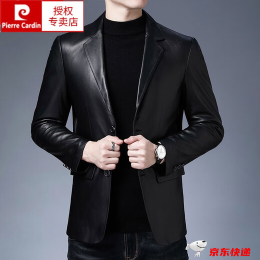 皮尔卡丹（pierre cardin）品牌高档男装  皮夹克外套男真皮皮衣男士西装皮夹克春秋修身头层 黑色头层绵羊皮 175-(建议120-140)