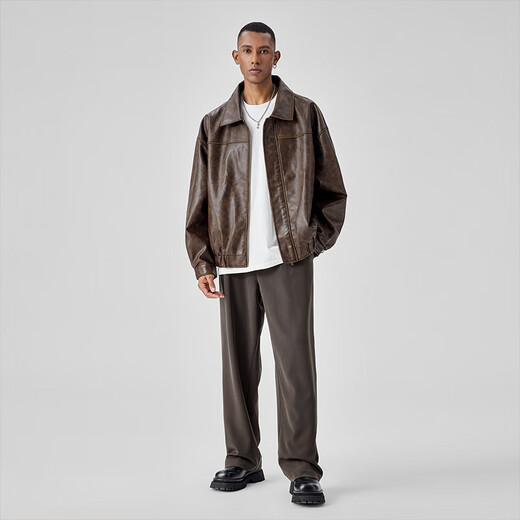 BODYDREAM新复古回潮做旧PU皮衣外套男旷野美拉德穿搭美式街头休闲机车夹克 深棕色 4XL