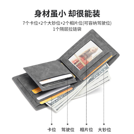 蔻一（Cnoles）男士短款多功能钱包皮钱夹卡包多卡位百搭零钱包礼盒装生日礼物送爸爸男朋友老公实用 梦幻灰