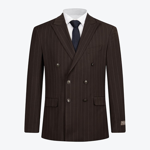 Qipai double-breasted suit suit for men in autumn and winter new yarn-dyed striped business suit groom wedding dress suit khaki B54