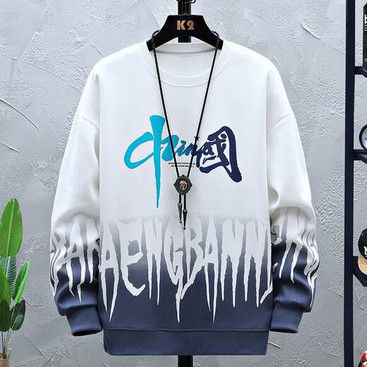 柏乐迪13岁男孩春秋款棉卫衣15初中学生长袖T恤16青少年大童打底衫上衣 683-k556白色（卫衣+裤子） 175 2XL（建议体重140-160斤）