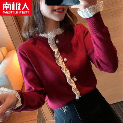 Antarctic Sweater Women's Loose 2021 Spring New Fashion Loose Bottoming Top Retro Lady Lace Splicing Wooden Ear Beaded Button Sweater NR110-1012-Red M