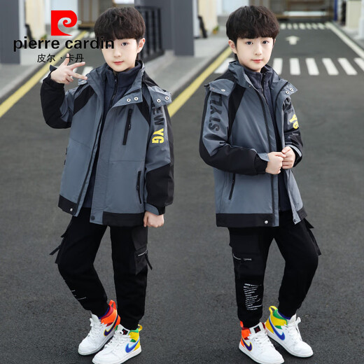 Pierre Cardin Boys Autumn and Winter Three-in-One Jacket for Medium and Large Children Detachable Jacket Thickened and Warm Winter Color Block Top Handsome Gray Cotton Thickened 160cm