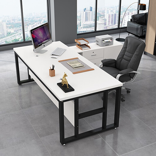 Rusen Office Boss Desk Manager Desk Leadership Office Desk and Chair Combination Modern Simple Single Computer Desk Black Frame + Golden Oak Color 160*60 Table + Side Cabinet