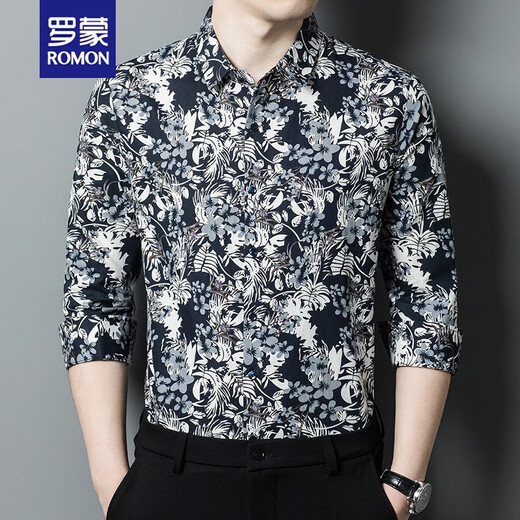 
ROMON brand floral shirt men autumn long sleeve trendy handsome men's floral shirt slim middle-aged spring and autumn thin men's cotton 9904 red XXL
