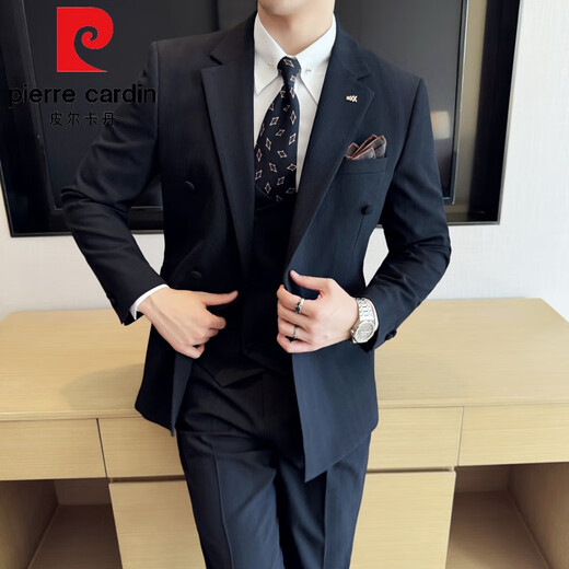 Pierre Cardin double-breasted groom's suit men's wedding casual banquet formal suit business slim dress three-piece set black 3XL (56 suitable for 155-169 Jin Jin equals 0.5 kg)