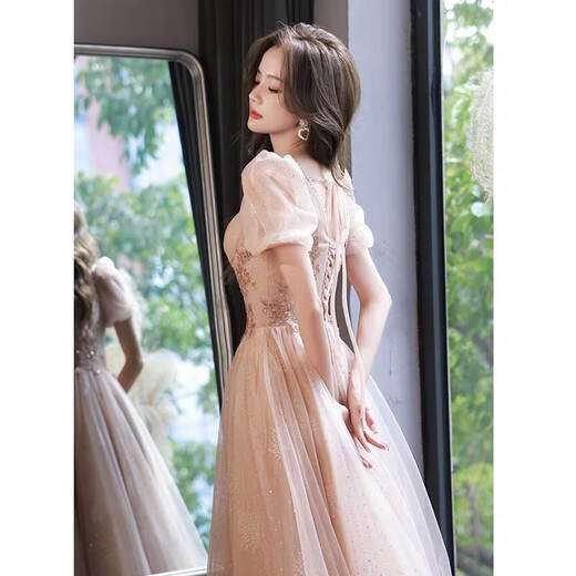 Seidler French evening dress 2025 new style light luxury niche high-end banquet host bel canto solo singer female light nude pink long XXL (recommended 126-135 Jin Jin equals 0.5 kg)