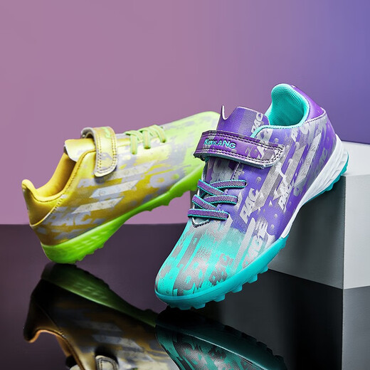 FEELACES儿童足球鞋碎钉男女专用猎鹰梅西学生训练鞋儿童tf人造草地球鞋 6195鸳鸯金紫碎钉 34【球袜+球包+护板】