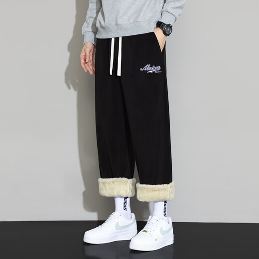 Homlean autumn and winter plus velvet straight casual pants men's thickened windproof warm loose sportswear long pants HN56 black XL