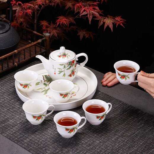 Songhui white porcelain gold-painted Kung Fu tea set with ceramic plate for home use, simple ear-proof anti-scalding teapot, small set, everything goes well (teapot 400ml tea cup 80ml tea tray 25)